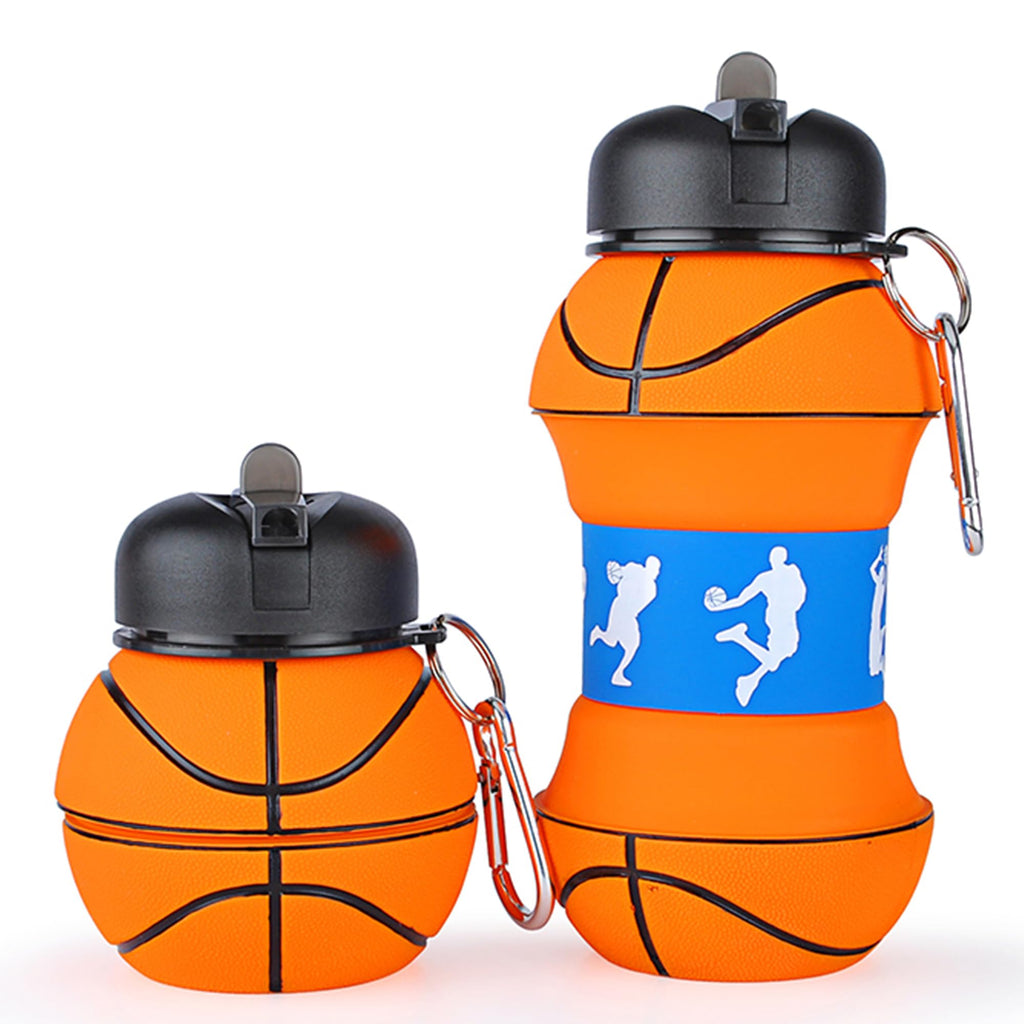 Clipoki Collapsible Water Bottle 19Oz/550ml BPA Free Sports Water Bottle for Kids Gift Folding Water Bottle for Hiking GYM School & Sports | Collapsible Cups for Traveling Gift Idea (Basketball)