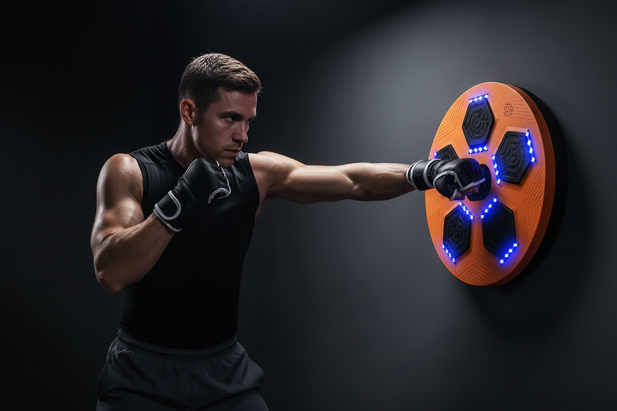 Hombre usando Punching Machine fondo oscuro